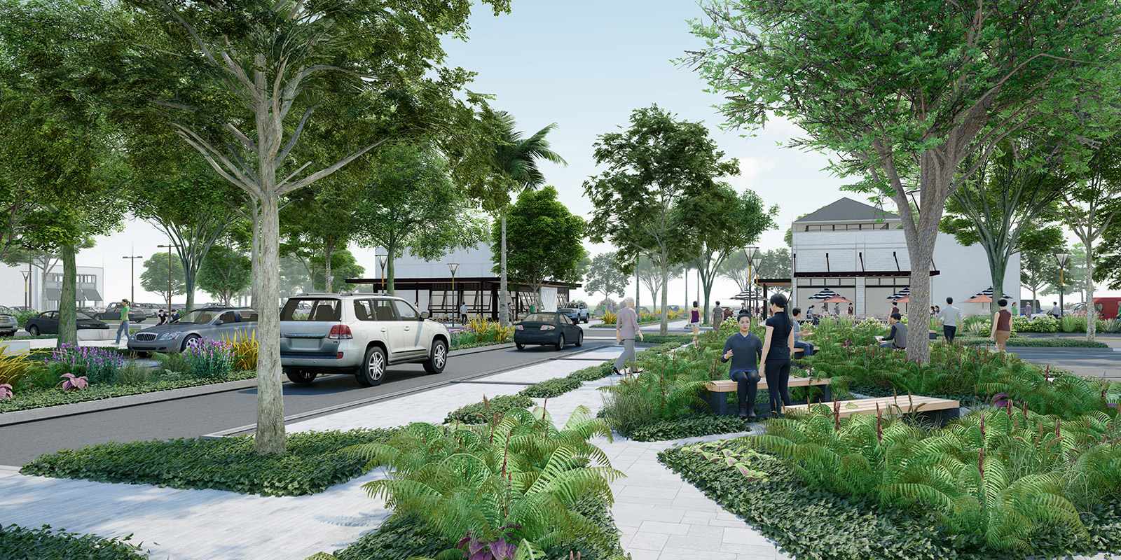 A green urban street with cars and pedestrians.